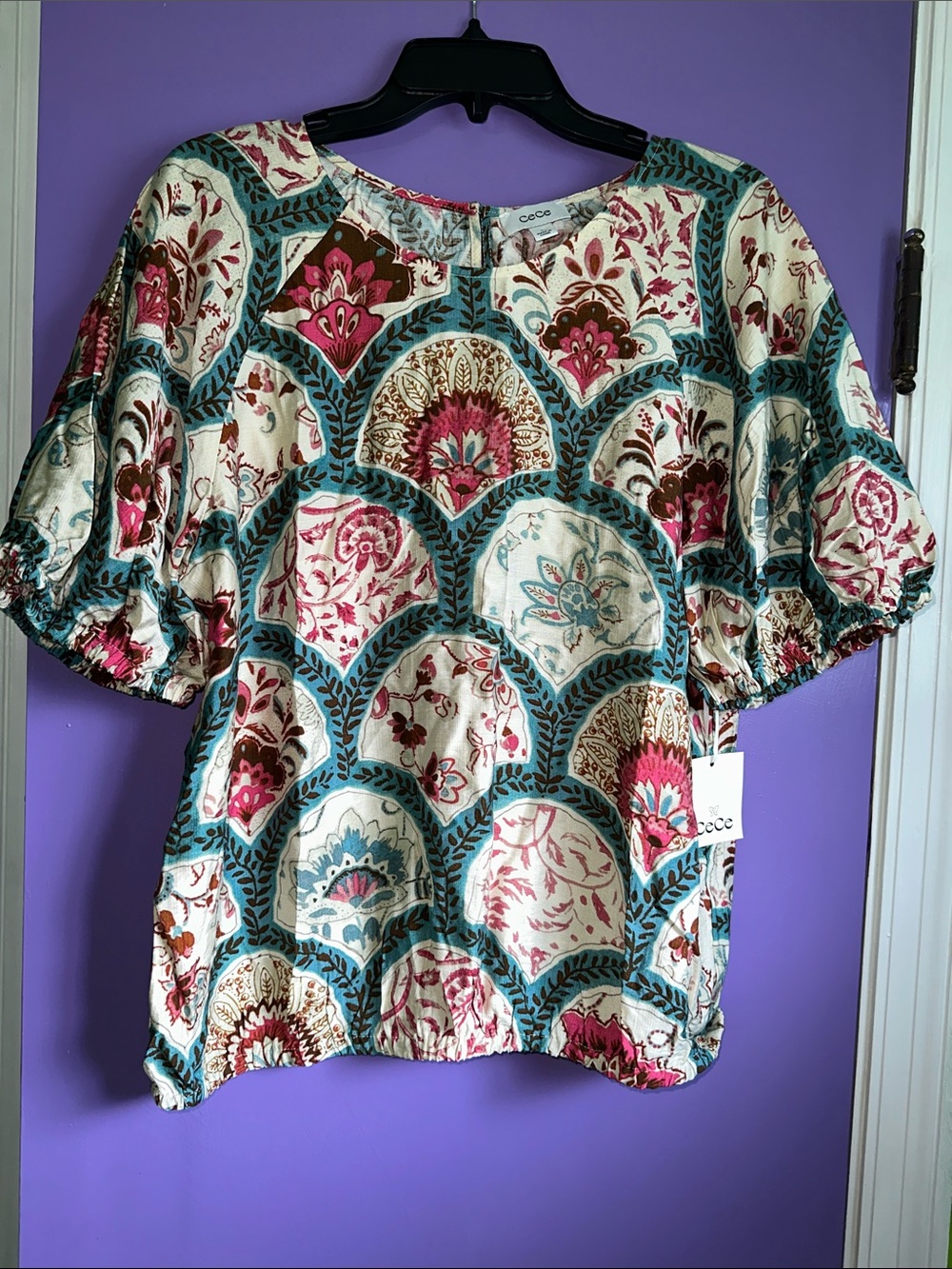 CeCe Teal, Pink & Cream Printed Puff Sleeve Top